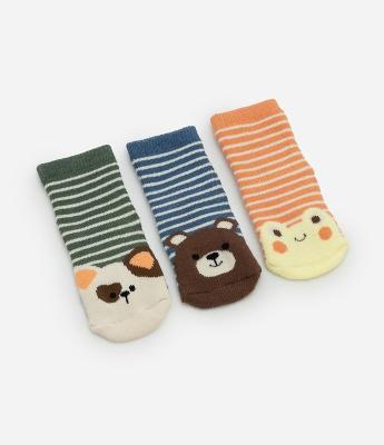 Kit 03 Meias Infantis com Estampa Bichinhos - Tam 0 a 12 meses