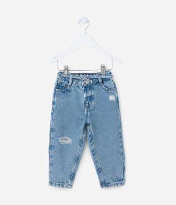Calça Mom Infantil em Jeans com Amarração na Cintura - Tam 1 a 6 Anos