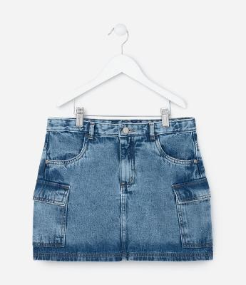 Saia Infantil em Jeans com Bolsos Cargo - Tam 5 a 14 Anos