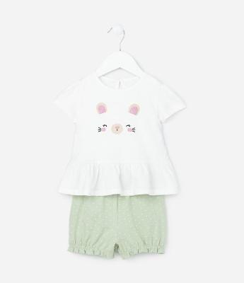 Conjunto Infantil com Estampa Poá e Carinha de Bichinho - Tam 0 a 18 meses