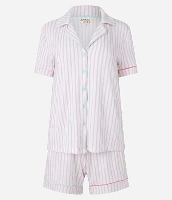 Pijama Short Doll em Viscose Listrada com Detalhes Coloridos