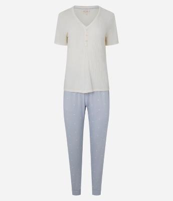 Pijama Longo em Ribana com Estampa de Poá