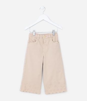 Calça Wide Leg Infantil com Bordado na Barra - Tam 1 a 6 Anos