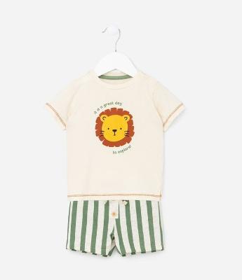 Conjunto Infantil com Estampa Listrada e Leãozinho - Tam 0 a 18 Meses