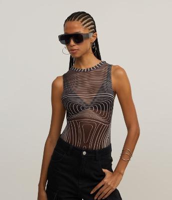 Body em Tule com Estampa em Linhas Geométricas