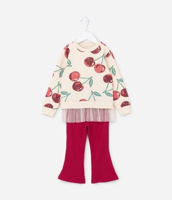 Conjunto em Moletom com Estampa de Cerejas e Babadinho de Tule - Tam 1 a 5/6 Anos