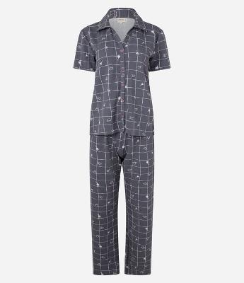 Pijama em Viscolycra com Estampa Xadrez Grid Vinho e Café