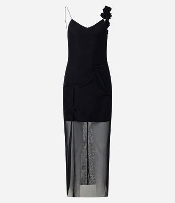 Vestido Reto Longo em Tule com Alça Floral Bordada