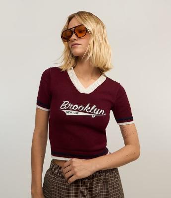 Blusa Polo em Tricô e Lettering Brooklyn New York