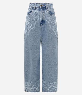 Calça Barrel em Jeans com Arte em Laser