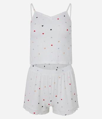 Pijama Short Doll Alcinha Ribana com Estampa de Coração