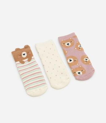 Kit 03 Meias Infantis Estampadas de Ursinho com Antiderrapante - RN a 12 meses