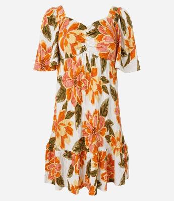 Vestido Curto Texturizado com Estampa Floral e Decote Coração