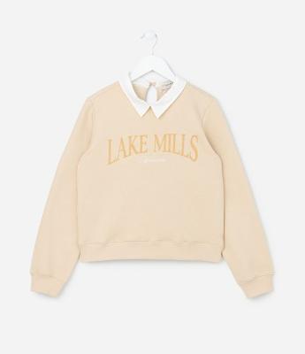 Casaco Infantil com Gola Colarinho e Lettering Lake Mills - Tam 7 a 14 Anos
