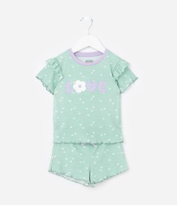 Pijama Infantil em Ribana Bordado e Babados - Tam 2 a 4 Anos