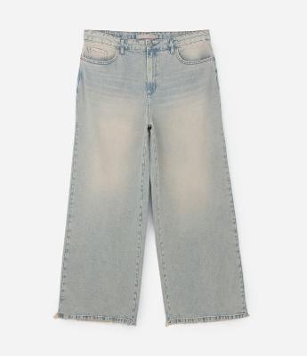 Calça Wide Leg Jeans Dirty Barra Desfiada Curve & Plus Size