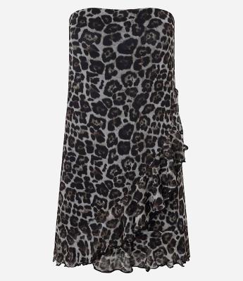 Vestido Curto em Tule Animal Print com Babados