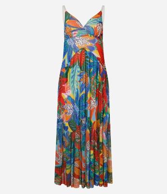 Vestido Godê Longo em Tule com Babados e Estampa Floral Tropical