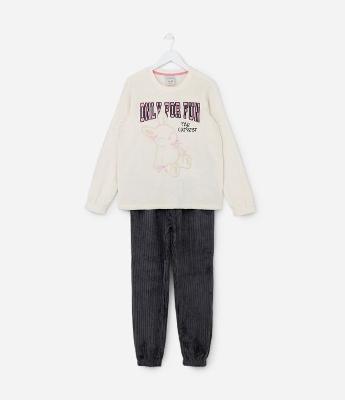Pijama Longo Infanril em Fleece com Bordado de Coelha e Lacinhos - Tam 5 a 14 anos