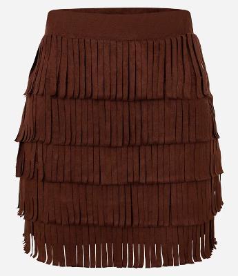 Saia Reta Estilo Folk em Suede com Camadas de Franjas
