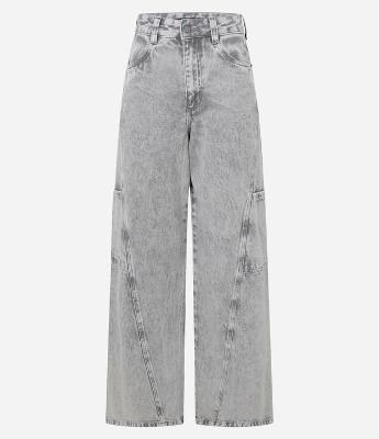 Calça Wide Leg em Jeans com Recorte Transversal e Bolso Embutido Cargo