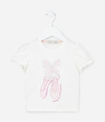 Blusa Infantil com Laço Aplicado e Estampa Sapatilha - Tam 1 a 6 Anos