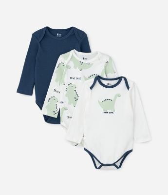Kit 03 Bodies Infantis com Estampa Dinos - Tam 0 a 18 meses