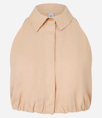 Blusa Cropped Balonê com Linho e Recorte Vazado nas Costas