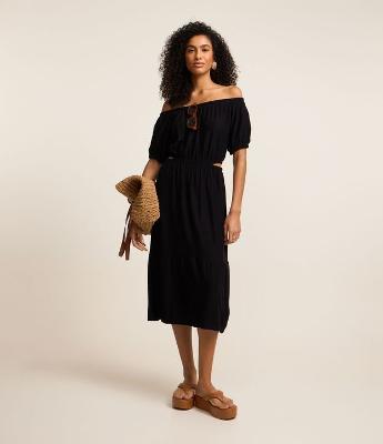 Vestido Midi em Viscose Ombro a Ombro com Mordidinha na Lateral