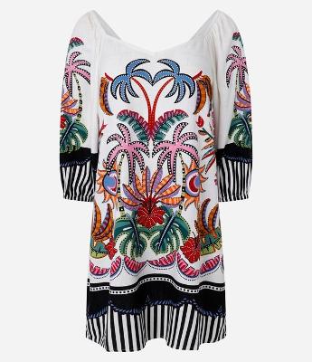 Vestido Evasê Curto com Linho Estampado Tropical e Mangas Bufantes