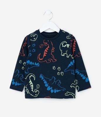 Camiseta Infantil em Suedine com Estampa Dinos - Tam 1 a 6 Anos