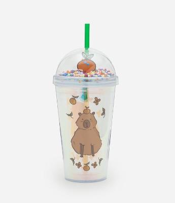 Copo com Canudo Reutilizável e Estampa Capivara 400 ml