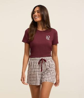 Pijama Curto em Viscose com Estampa Xadrez Grid e Amarração no Cós