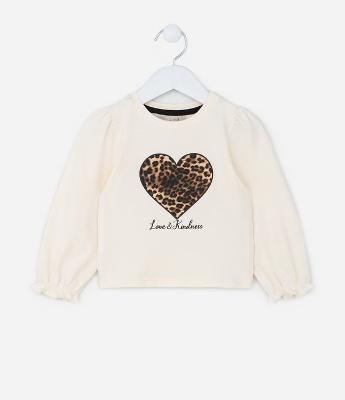Blusa Infantil com Manga Bufante e Estampa Coração - Tam 1 a 6 Anos