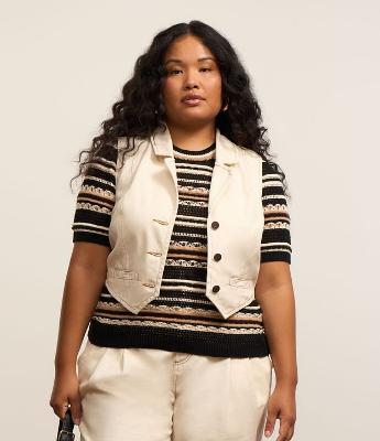 Colete em Sarja com Gola Lapela Curve & Plus Size
