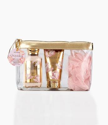Kit Nécessaire Orquídea com Sabonete Liquido  + Hidrante Corporal e Esponja de Banho Mães Alchemia 