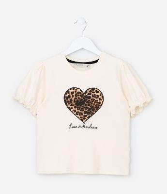 Blusa Infantil com Manga Bufante e Estampa Coração - Tam 5 a 14 Anos