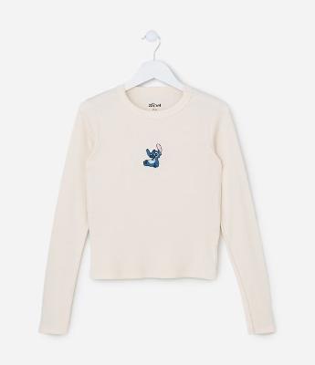 Camiseta Infantil Canelada com Bordado do Stitch - Tam 5 a 14 Anos