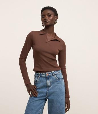 Blusa Polo em Ribana de Algodão com Mangas Longas