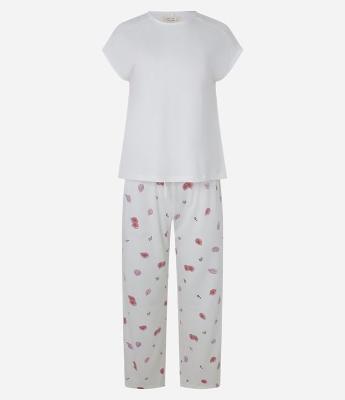 Pijama em Tricô Leve com Estampa de Figos e Detalhes de Cetim