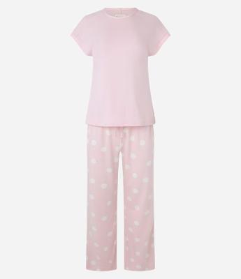 Pijama com Toque Macio Detalhes de Cetim e Calça Poá