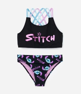 Biquíni Infantil com Tiras Trançadas e Estampa Stitch - Tam 4 a 12 Anos