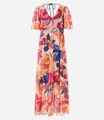 Vestido Evasê Longo em Tule com Estampa Floral