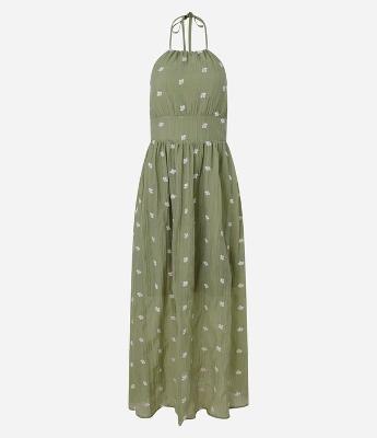 Vestido Frente Única Evasê Longo em Liocel com Bordado Floral