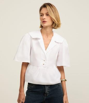 Blusa em Tricoline com Gola Marinheiro e Peplum