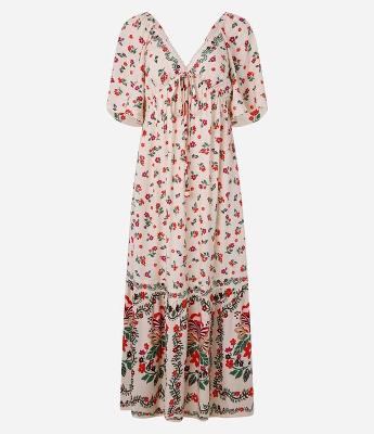 Vestido Long Midi em Chalis Decote em V com Picueta e Estampa Floral