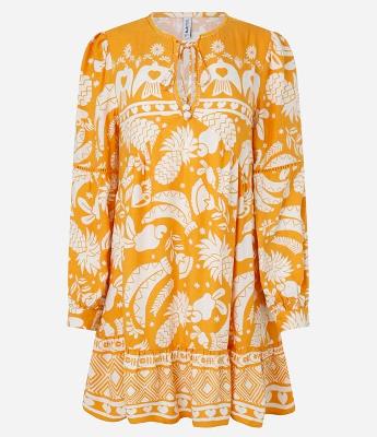 Vestido Manga Bufante em Viscose Twill com Estampa Topical