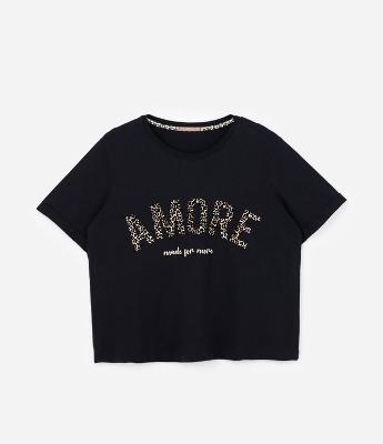 Blusa com Lettering Animal Print Flocado Curve & Plus Size