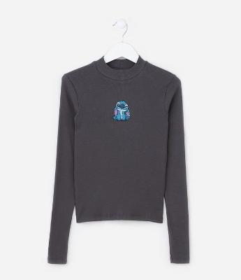 Camiseta Infantil Canelada com Bordado Stitch - Tam 5 a 14 Anos