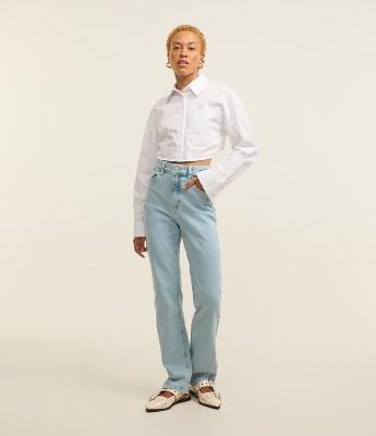 Calça Reta em Jeans com Cintura Alta e Efeito Marmorizado